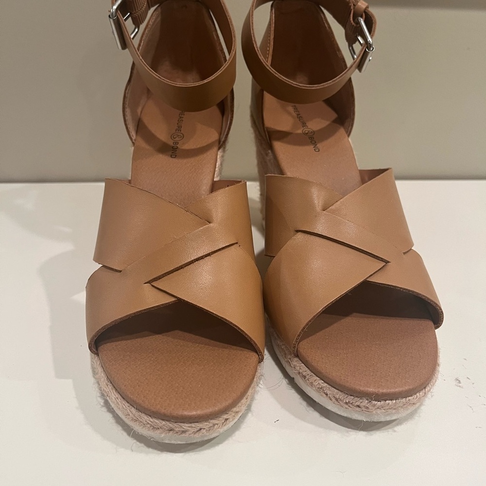 Treasure and Bond brown, leather sandals, ankle strap, wedge espadrille. - Picture 3 of 6